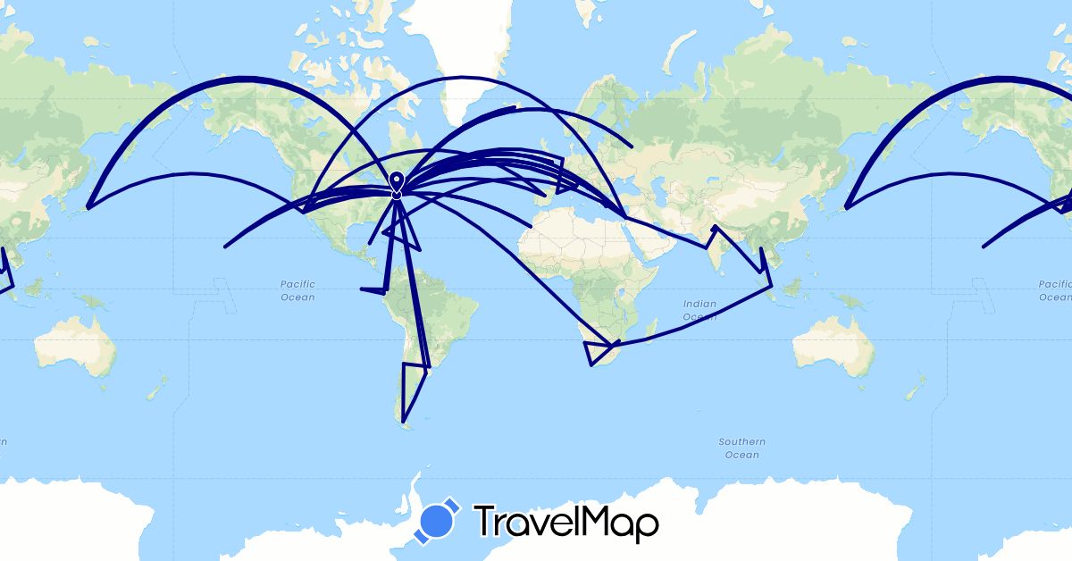 TravelMap itinerary: driving in United Arab Emirates, Argentina, Bahamas, Chile, Ecuador, Spain, France, United Kingdom, Greece, Croatia, Israel, India, Iceland, Italy, Japan, Morocco, Mexico, Namibia, Netherlands, Russia, Singapore, Thailand, United States, South Africa (Africa, Asia, Europe, North America, South America)